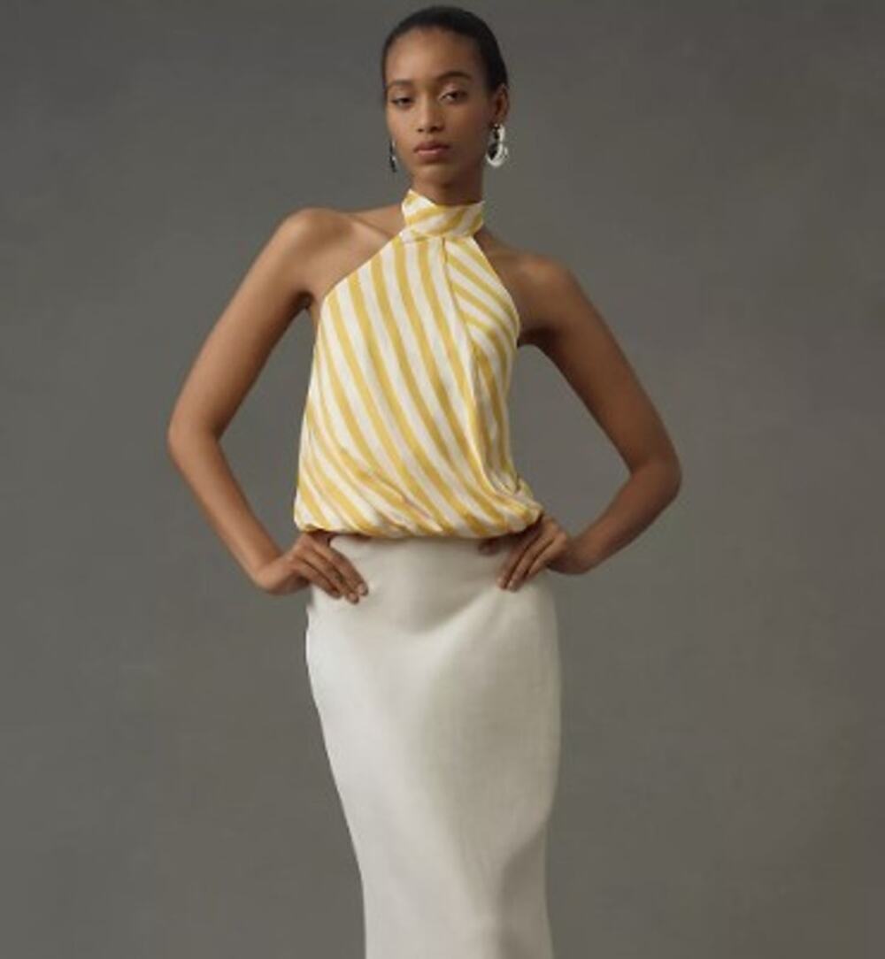 Anthropologie Maeve Halter Scarf Bubble-Hem Tank Top Sz S Yellow Stripe
